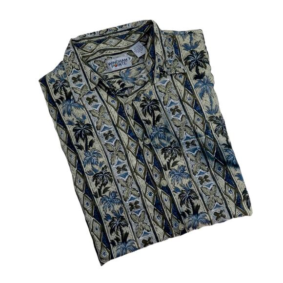 90s Vintage Hawaiian Shirt Tropical Blue Palm Tree Casual Button Up Shirt Large - Picture 1 of 4